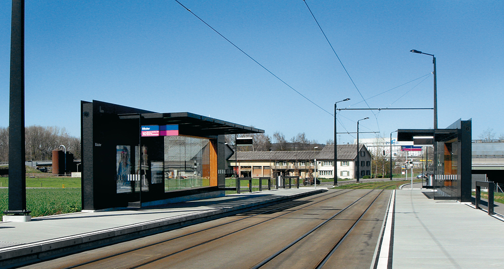 Straßenbahnhaltestelle als Baukastensystem, Glattalbahn Zürich 2010, Architekt: Kai Flender