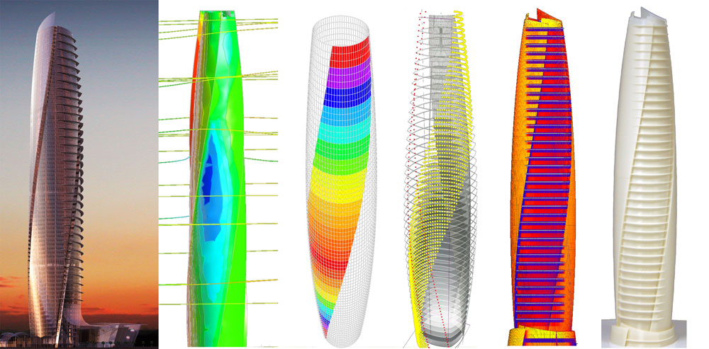 Aedas: Hochhaus in der Enklave Kolachi, Karachi. Parametrisches Modell zur Windsimulation, hermischen Simulation und Optimierung der Verglasung.