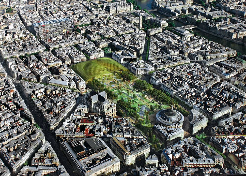 Das Areal der ehemaligen Markthallen: Neue Parkgestaltung mit dem »Canopée de Paris« über dem Tiefhof des Forum Les Halles von 1979