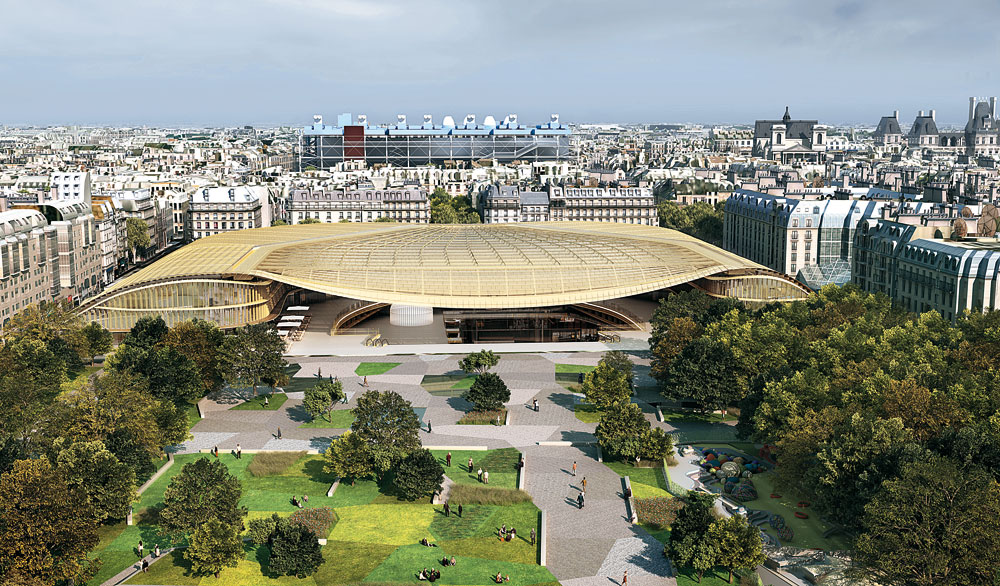 Das Areal der ehemaligen Markthallen: Neue Parkgestaltung mit dem »Canopée de Paris« über dem Tiefhof des Forum Les Halles von 1979