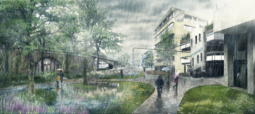 Rain Garden: Rückbau einer Straße zum Feuchtgebiet vor und nach der geplanten Begrünung

(Climate Proof Zomerhofkwartier, Rotterdam)