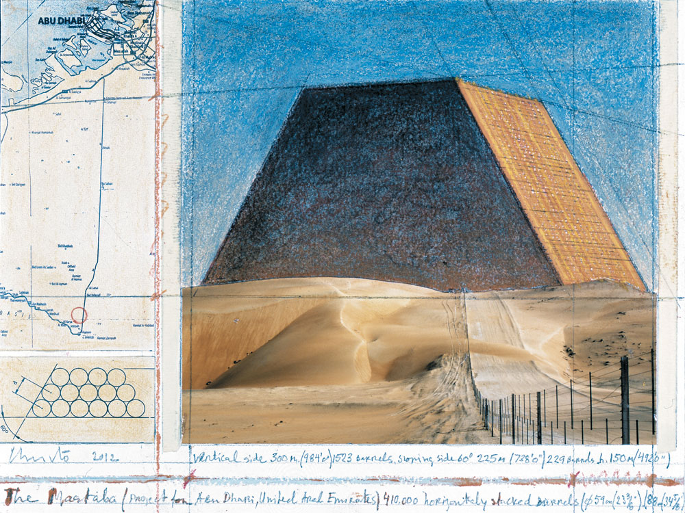 Die Mastaba, Collage von Christo mit Photo von Wolfgang Volz, 2012