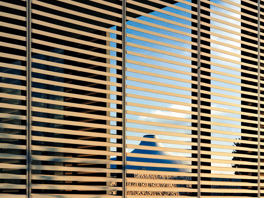 View through the “baguette” rainscreen to the dome of the Shrine of the Book, by Frederick Kiesler.
