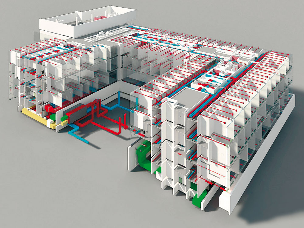 Digitales Gebäudemodell mit eingezeichneten Haustechnikleitungen. Ein wesentlicher Vorteil von BIM ist die automatische Kollisionskontrolle zwischen Rohbau und technischem Ausbau.