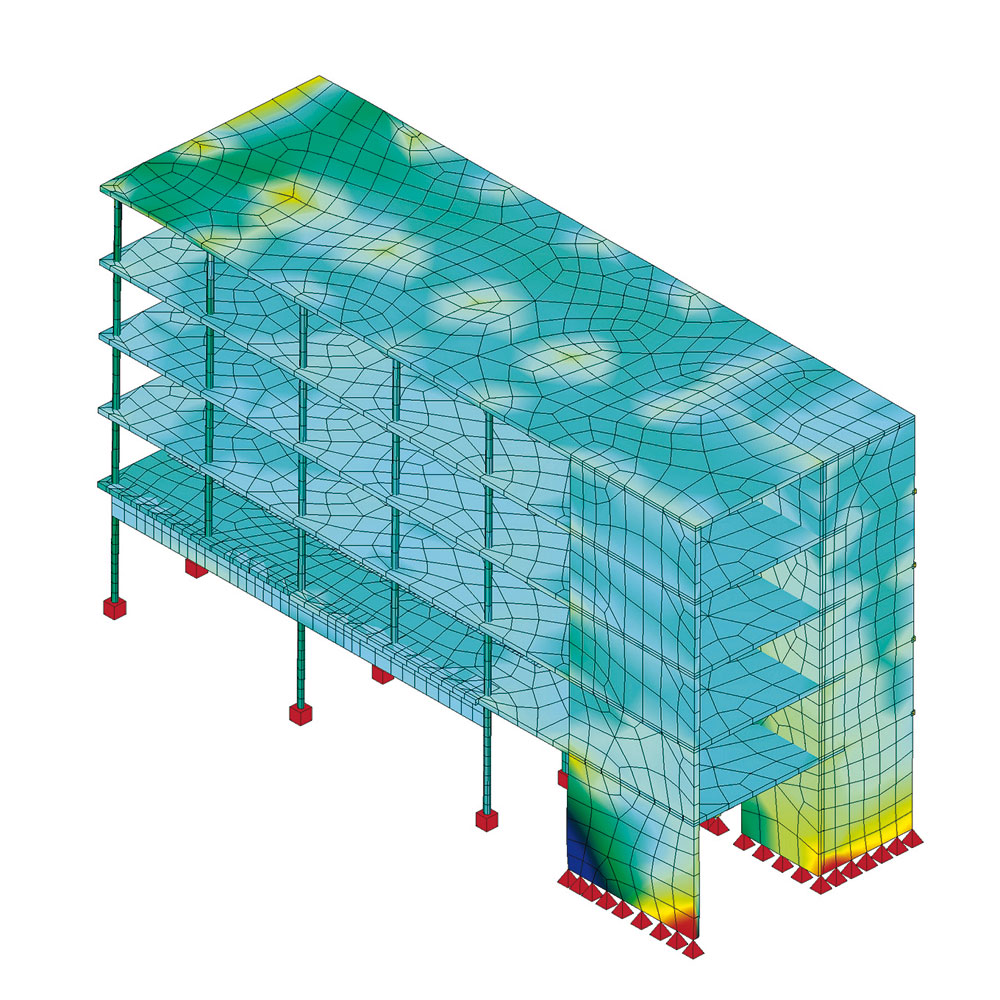 Belastungsanalyse eines Stahlbetontragwerks mithilfe eines digitalen Gebäudemodells. Mit der BIMMethode lässt sich das einmal erstellte Modell in der Regel ohne erneute Dateneingabe für eine Vielzahl von Simulationen verwenden.