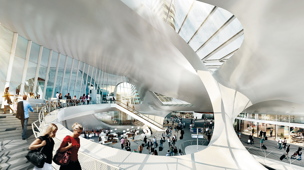 Stahl-Monocoque als integrales Bauteil für Stütze, Rampe und Oberlicht. »Twist« in der Transferhalle des Bahnhofs, Arnheim 2015
Architekten: UNStudio
