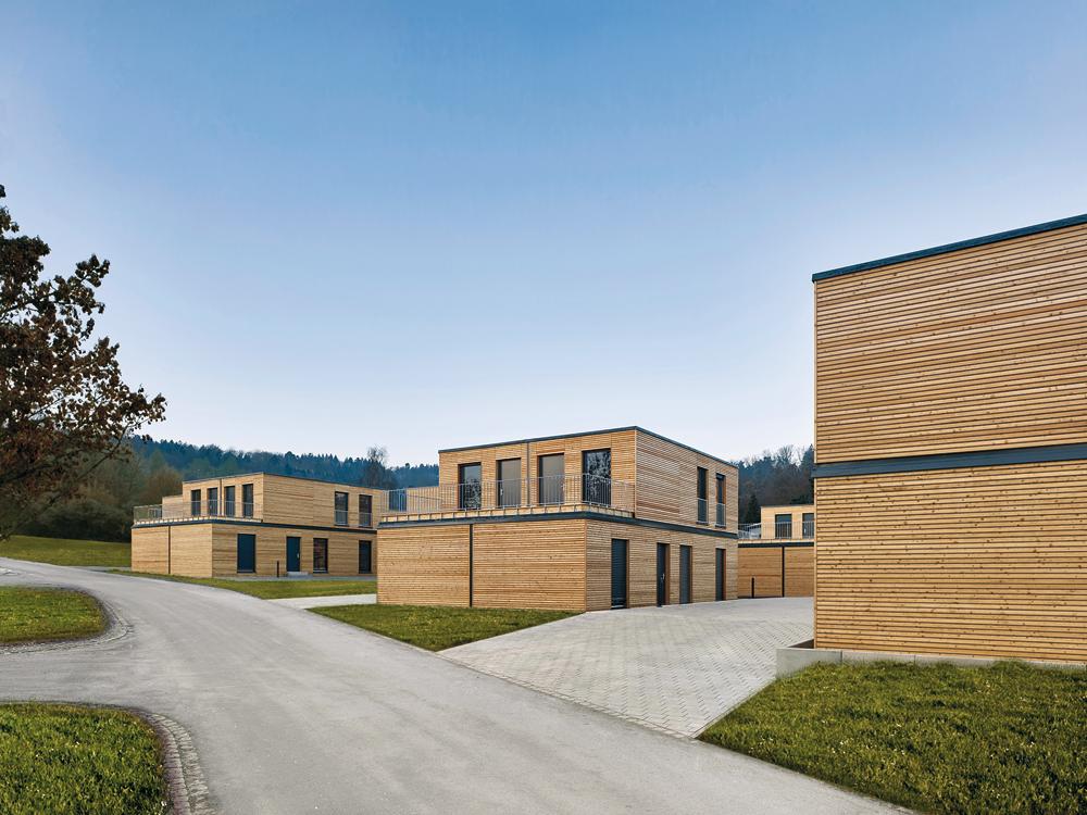 38 Raummodule aus Brettsperrholzplatten mit komplett im Werk vorinstallierter Haus- und Sanitärtechnik, Winnenden 2016, Architekten: Werner Sobek, Hersteller: AH Aktiv-Haus