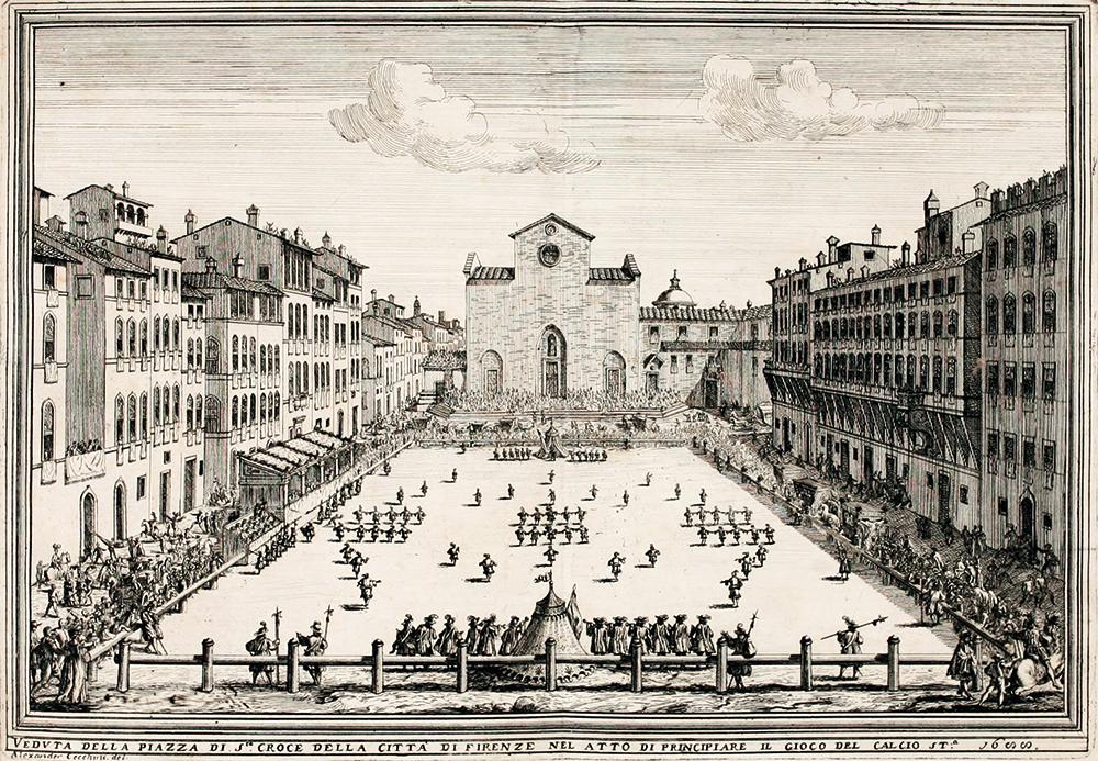 Der „calcio fiorentino“, eine Vorform des modernen Fußballs, hat seine Wurzeln im Florenz des 15. Jahrhunderts. Bis heute wird vor der Kirche Santa Croce jedes Jahr am 24. Juni eine Partie ausgetragen. Dabei treten 27 Spieler pro Mannschaft auf einem temporär umzäunten Spielfeld
gegeneinander an.