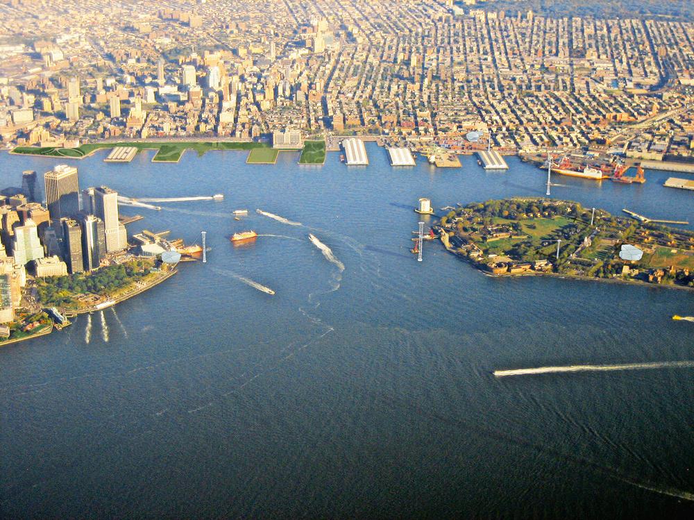 Entwurf für eine Seilbahn zwischen Manhattan, Governors Island und Brooklyn, New York, 2016; 
Entwurf und Tragwerksplanung: Guy Nordenson and Associates
