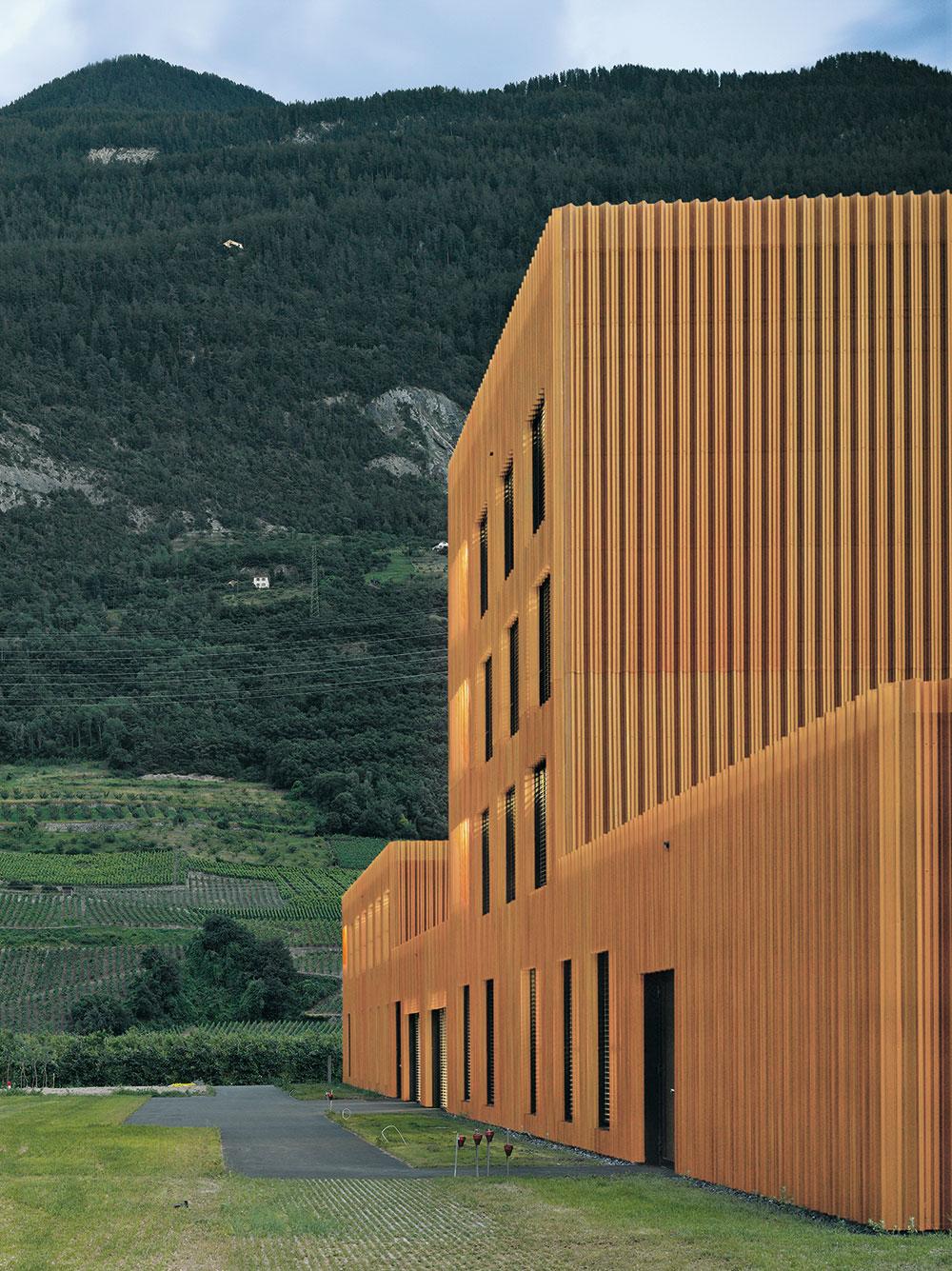 Eine orange-bronzefarben eloxierte Aluminiumfassade aus gleichmäßig perforierten Trapezblechprofilen prägt das Gebäude einer Einrichtung für Menschen mit psychischen, somatischen und sozialen suchtbedingten Problemen. Geplant wurde es im schweizerischen Saxon vom Büro bonnard wœffray architectes.