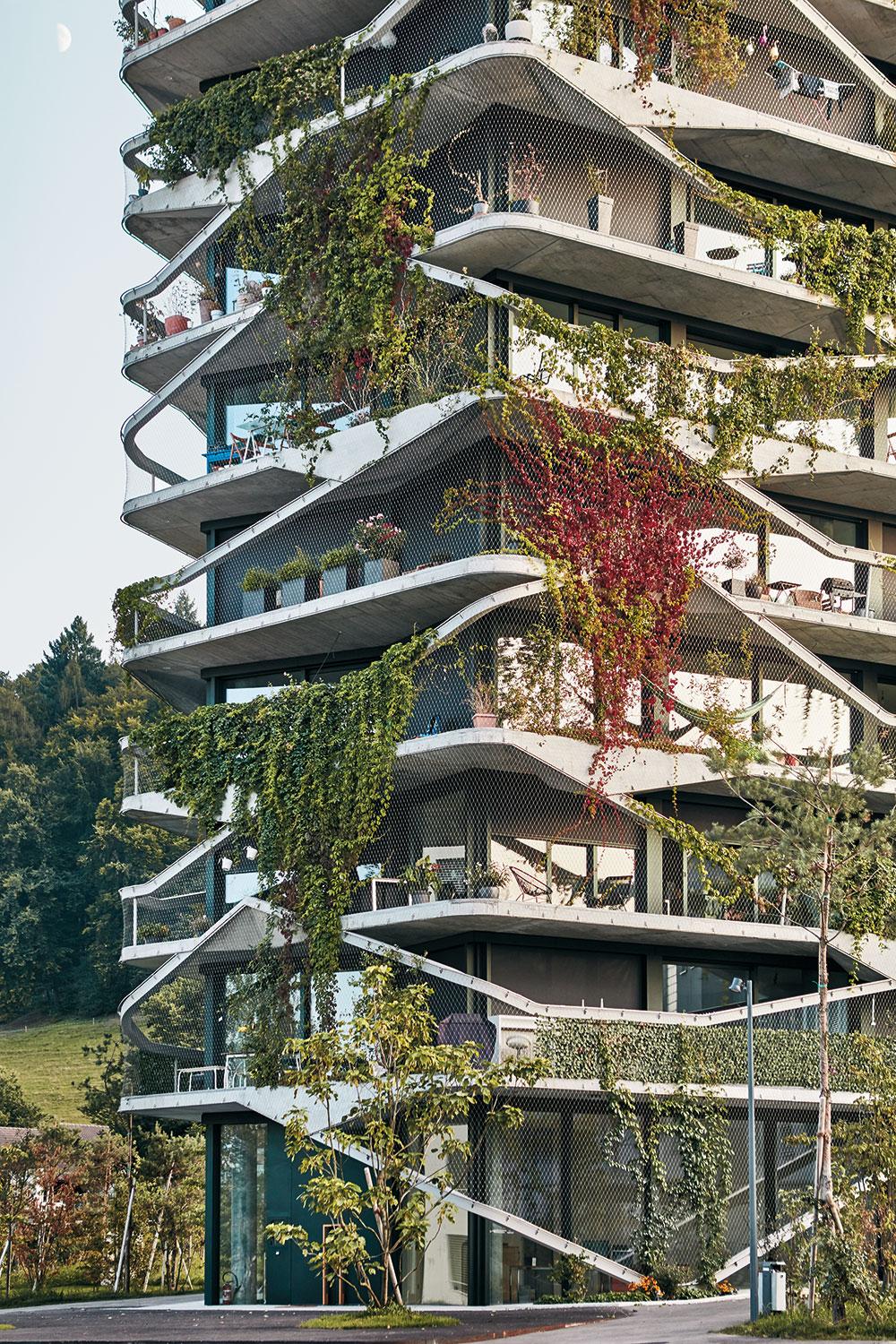 Für die Begrünung wurden je nach Himmelsrichtung unterschiedliche Pflanzen gewählt, unter anderem Wilder Wein, Geisschlinge und Storchschnabel. Die Bewässerung der Pflanztröge wird über Sensoren gesteuert; überschüssiges Wasser kann gegebenenfalls über die markanten Brüstungsprofile ablaufen.