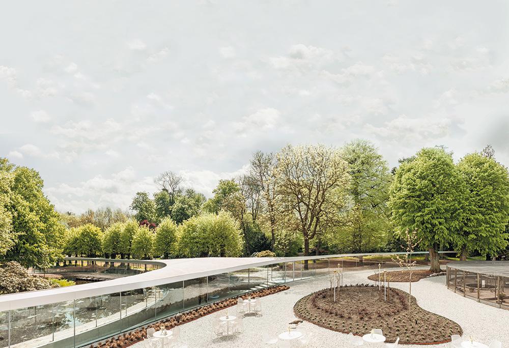 Das Besucherzentrum im Park Vijversburg fügt sich dank der organischen Form und der tragenden Glasfassade harmonisch in die Landschaft ein.