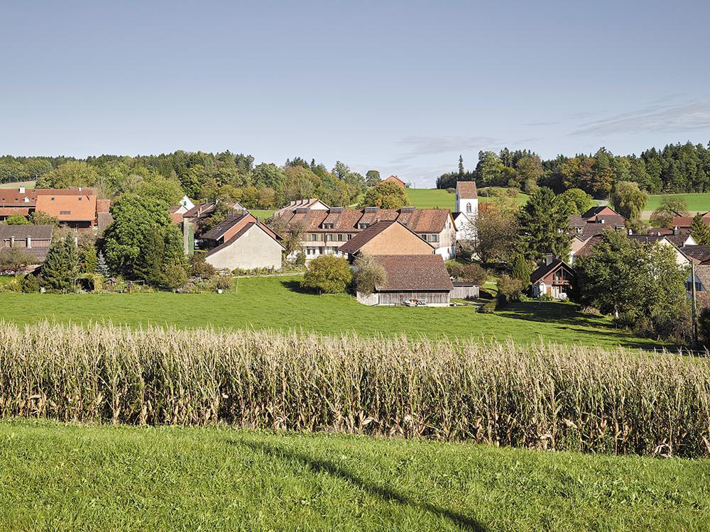 Mit wiederverwendeten Biberschwanzziegeln und einer Schalung aus Lärchenholz fügen sich die neuen Häuser fast unbemerkt in den gewachsenen Dorfkern.