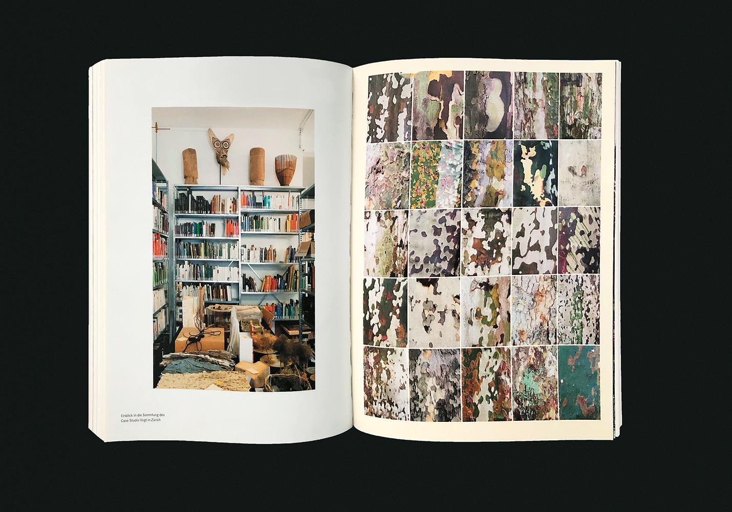 Gegenüberstellung: Links ist die Sammlung des Case Studio Vogt zu sehen und rechts eine Fotosammlung verschiedener Baumrinden.