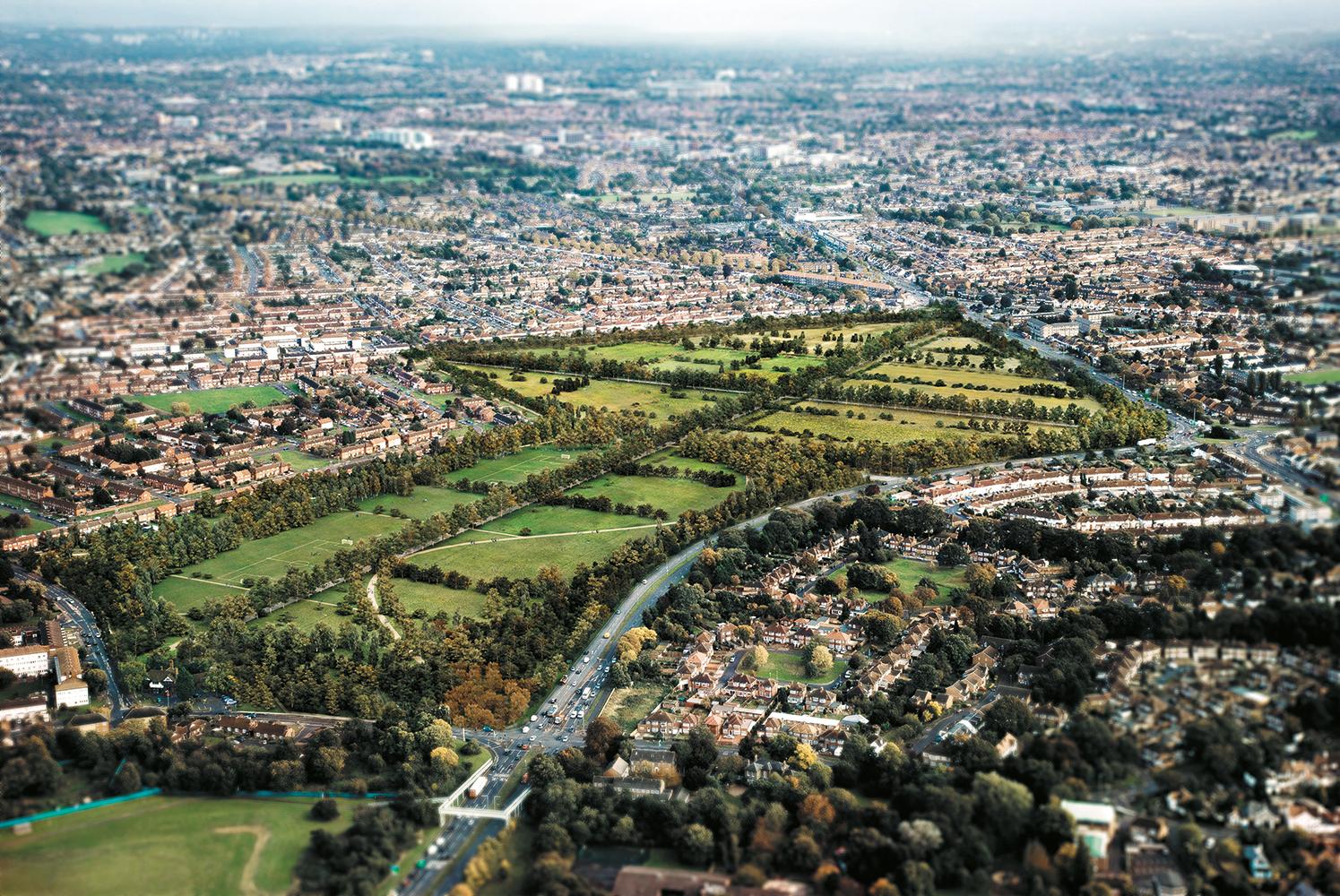 Das Projekt Rectory Farm bei London kombiniert den Abbau von Bodenschätzen mit Erholung.
Unter der früher landwirtschaftlich genutzten Fläche wird Kies abgebaut, darüber ein Park angelegt.