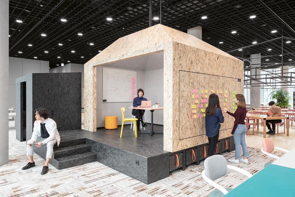 Die hauseigenen Start-ups können ihre Ideen in einem ungezwungenen Umfeld entwickeln. Die mit einfachen Materialien gestaltete Teamhütte für Besprechungen ähnelt den in Seoul typischen Häusern mit Vorgärten.