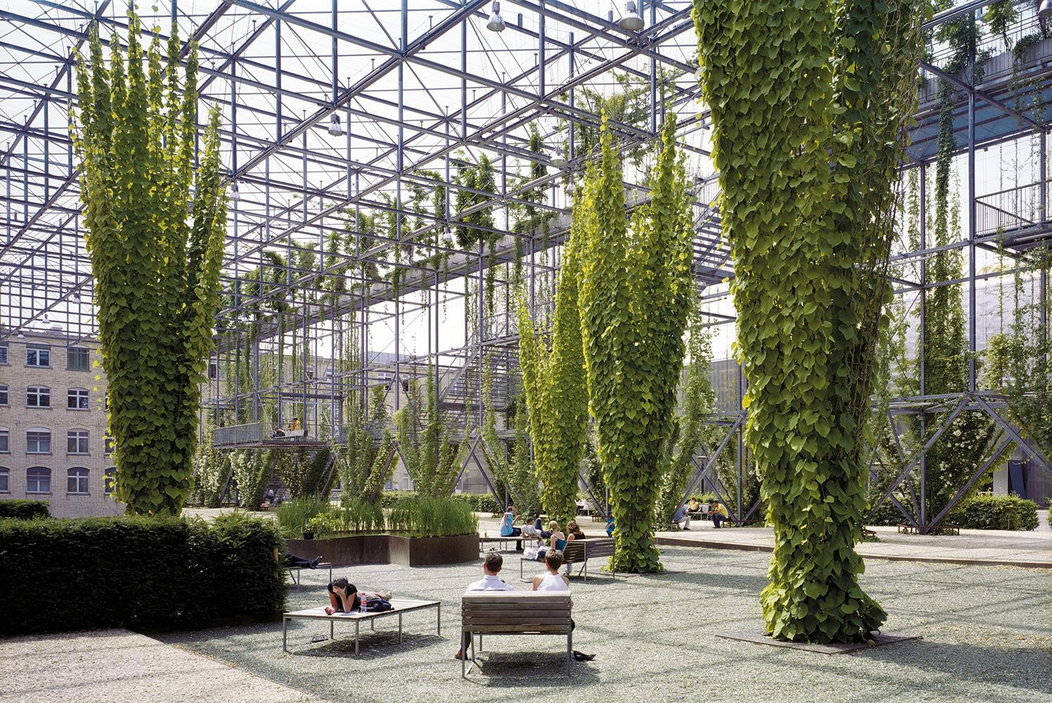 Der MFO-Park ist eine von fünf neu geschaffenen Grünflächen im Stadtteil Neu-Oerlikon, der auf dem Areal der ehemaligen Maschinenfabrik Oerlikon entwickelt wurde. Das 100 m lange, 34 m breite und 18 m hohe Rankgerüst von Burkhardt & Partner und Raderschall Landschaftsarchitekten wird als Oase der Ruhe und für kulturelle Veranstaltungen genutzt.