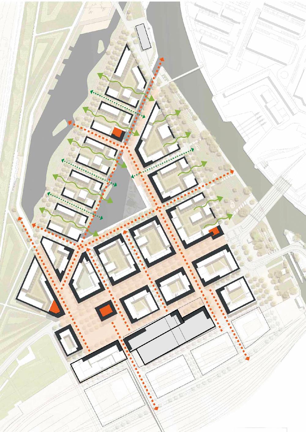 Der Rahmenplan gibt auch für die weitere Bebauung strenge Regeln vor, etwa zur Differenzierung des öffentlichen Raums zur Mobilität, sozialen Mischung und Nachhaltigkeit.