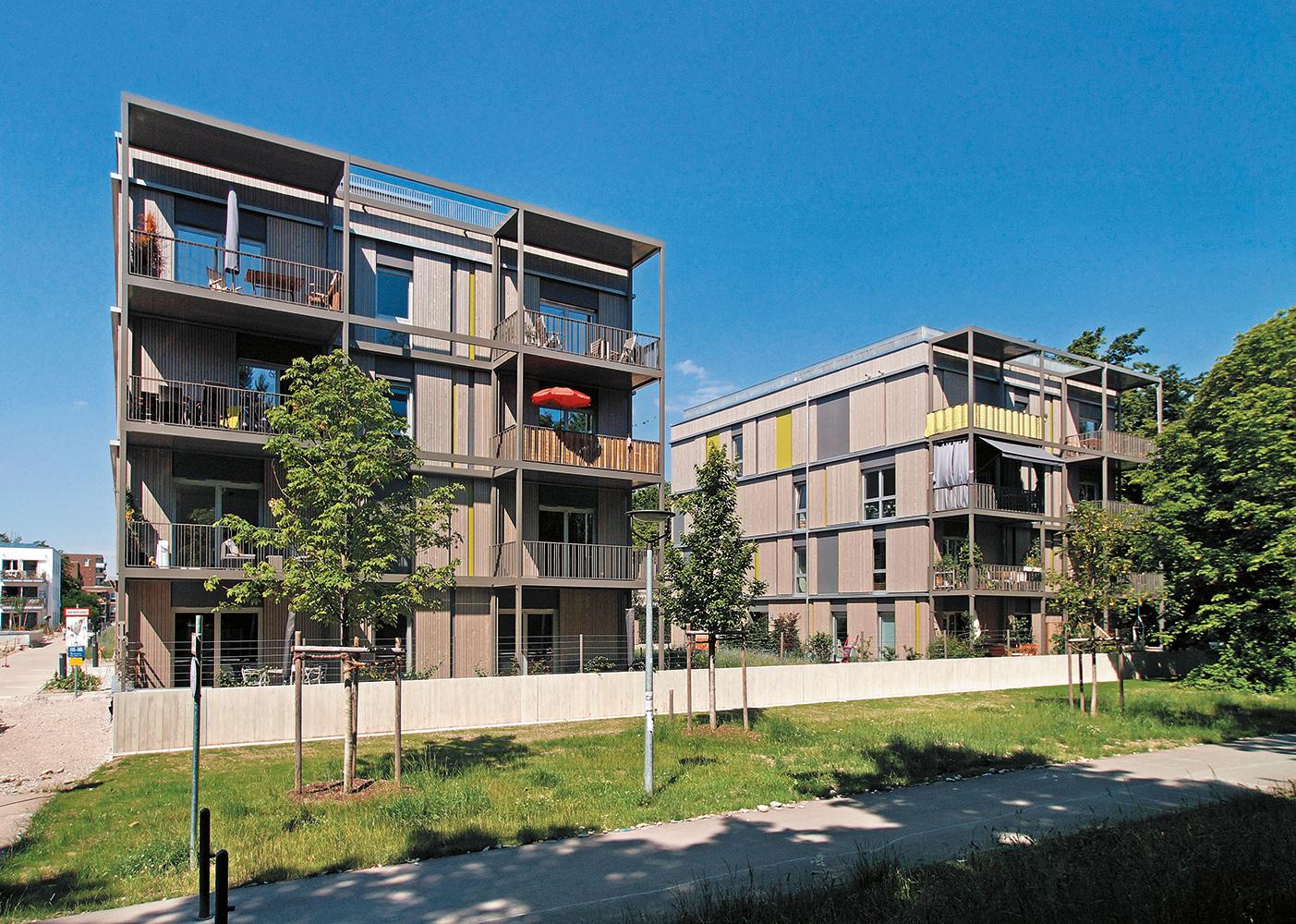 Für eine Baugemeinschaft planten Dressler Mayerhofer Architekten diesen Wohnkomplex. Er bildet den südöstlichen Abschluss des Quartiers.