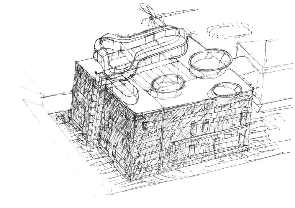 Geschwungene Formen auf geometrischem Museumsbau: Entwurfsskizze der Libelle von Laurids Ortner