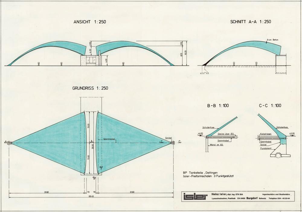 Heinz Islers Präsentationsplan für die Autobahnraststätte Deitingen-Süd 1957. Die 9 cm dicken Schalenflügel sind 11,5 m hoch, 26 m breit und 31,6 m lang.