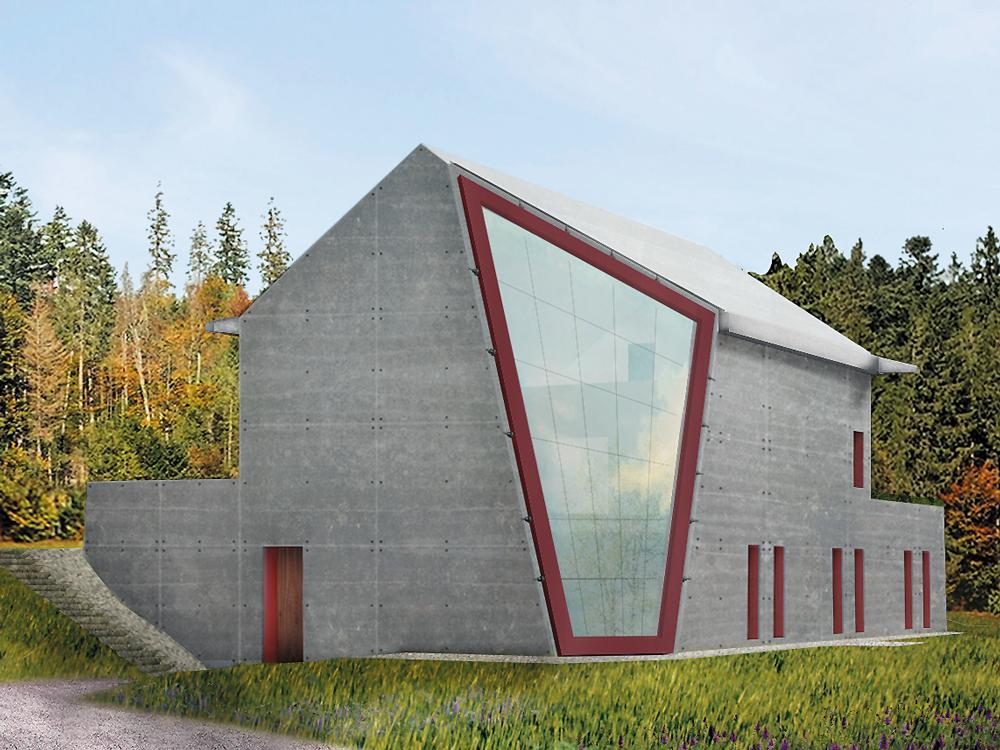 Entwurf für ein Künstleratelier aus Infraleichtbeton und Seilnetzfassade mit hochvorgespannten Carbonlamellen (Rendering).