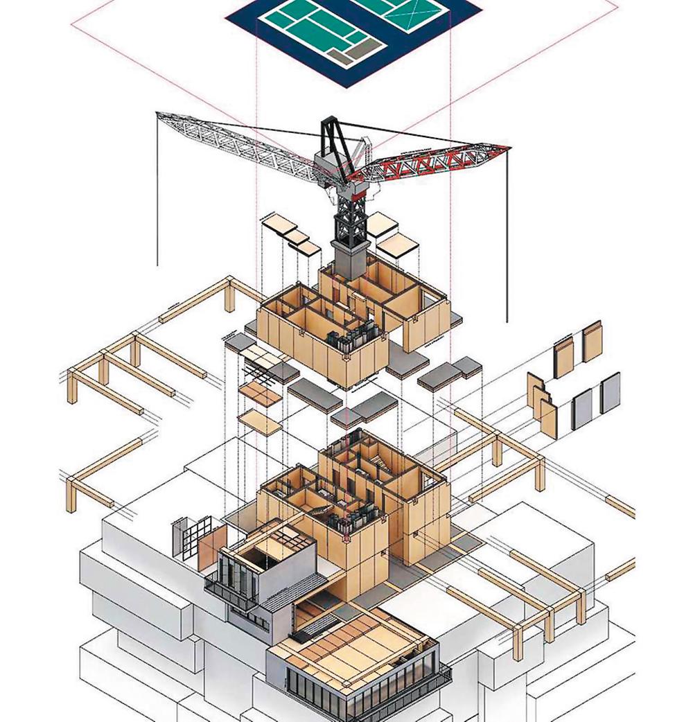 Für das Schumacher Quartier entwickelt die Bauhütte 4.0 Module aus Holz für mehrgeschossige Wohnbauten.