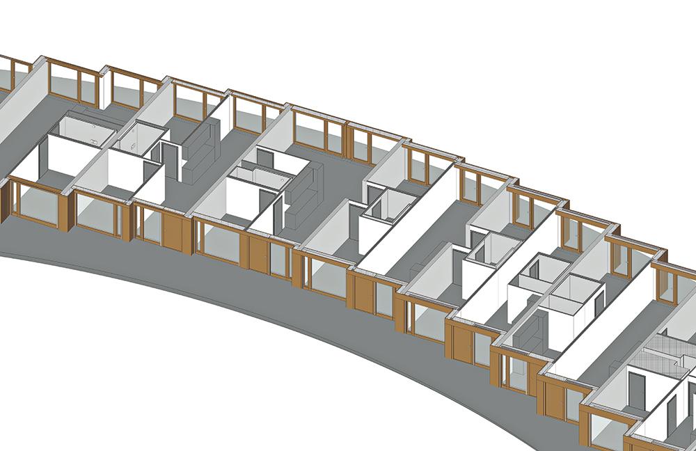 Two module units of 3.21 m each equal the 6.42 m interval between concrete walls. Within the strict grid, floor plans can be configured in a highly flexible way.