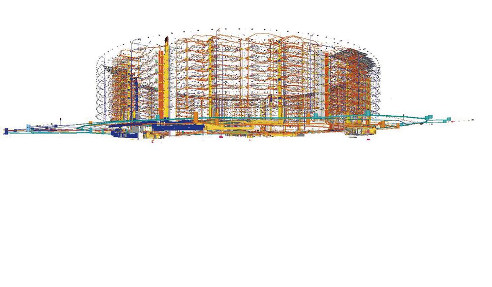 Das Gesamtmodell wurde in Teilmodelle für Tragwerk, Volumen, Leitungsführung und Fassade aufgeteilt, um die Datenmengen zu begrenzen.