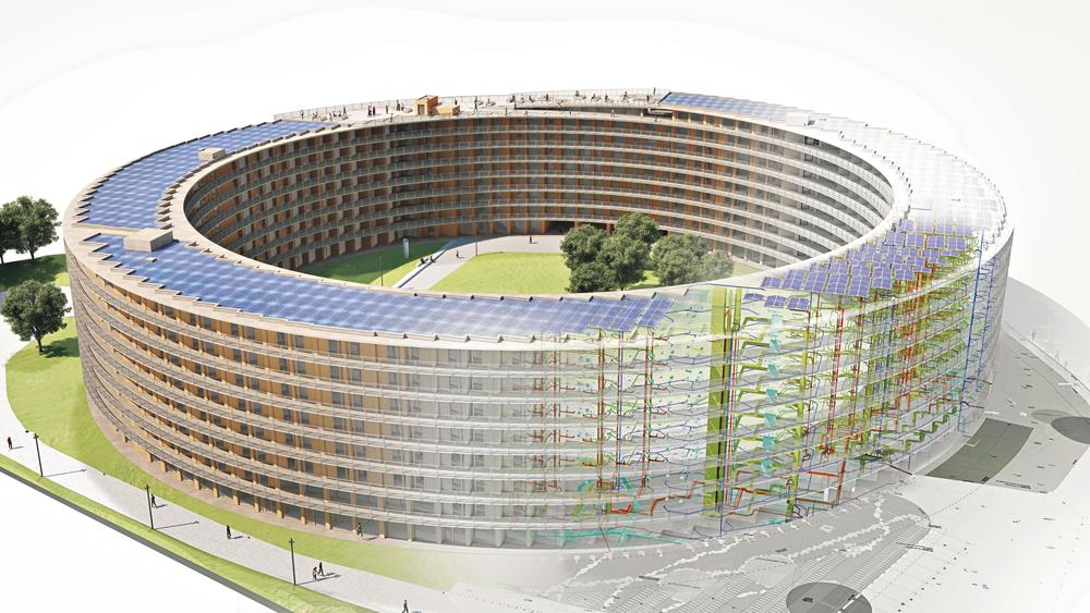 Connecting the inclined access balconies to the setback ceilings of the housing units was a challenge in terms of geometry, structural design and building physics.