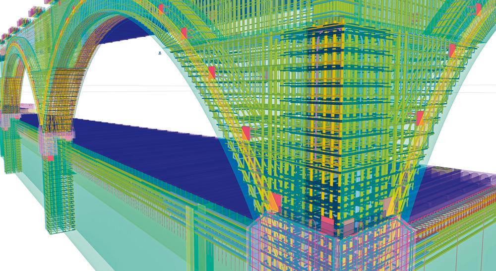 Im Bereich der Stahlbögen stellten die Ingenieure auch die Bewehrung im 3D-Modell dar. Die Ziegel an der Bogenunterseite wurden schon vor dem Betonieren in die Schalung eingelegt.