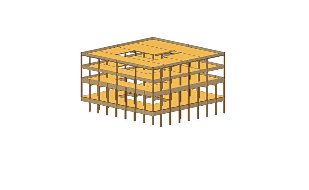 Das Holztragwerk besteht größtenteils aus Brettschichtholzstützen und -trägern, auf denen Brettsperrholzdecken aufliegen.