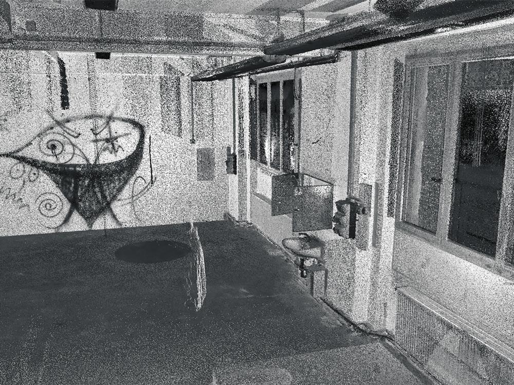 Blick ins Innere der Fabrikgebäude. Der 360°-Laserscan ermöglicht schon zu Planungsbeginn einen virtuellen Rundgang.