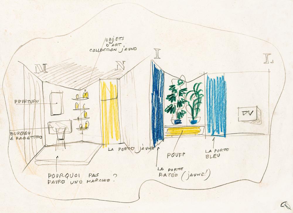 Skizze zum Interior Design für Alfredo Beracasa (1956, Caracas, Venezuela): Farben und Möbel sind schmatisch dargestellt.