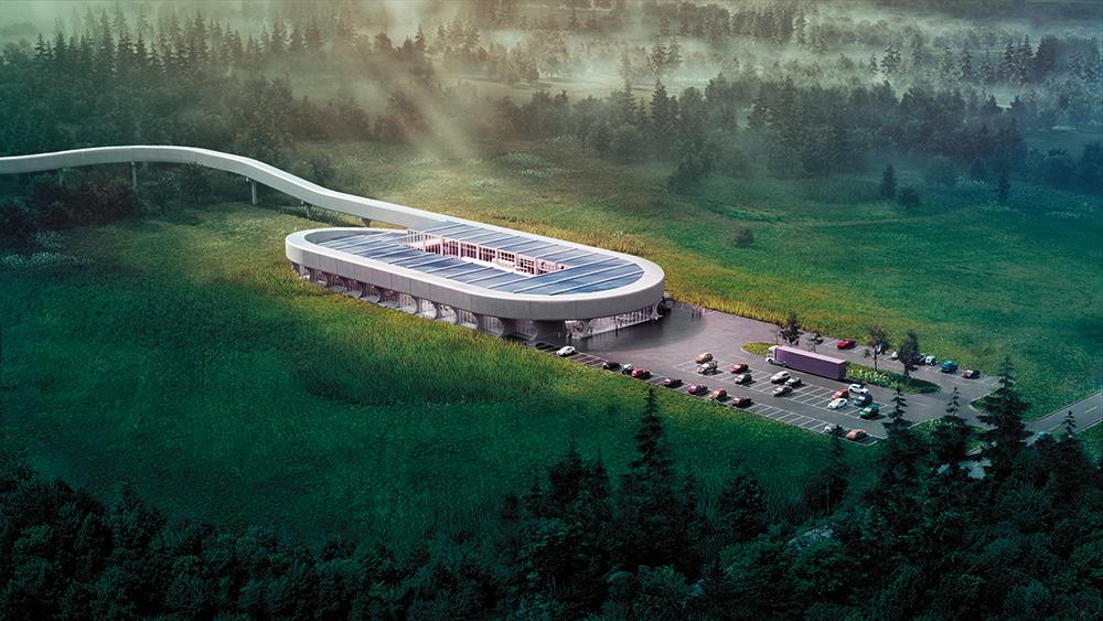 In Tucker County West Virginia, USA wird 2022 das Virgin Hyper - loop Certification Center gebaut. Die Empfangshalle liegt in der Biegung der sechs Meilen langen Unterdruckröhre.