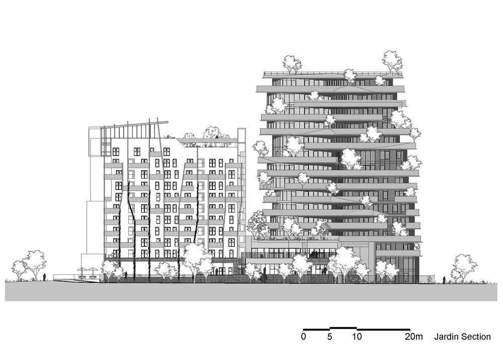 Auf gleichem Grundstück, aber strikt getrennt: Das Hochhaus mit Eigentumswohnungen von MAD und der niedrigere Sozialwohnungsbau von Biecher Architectes.