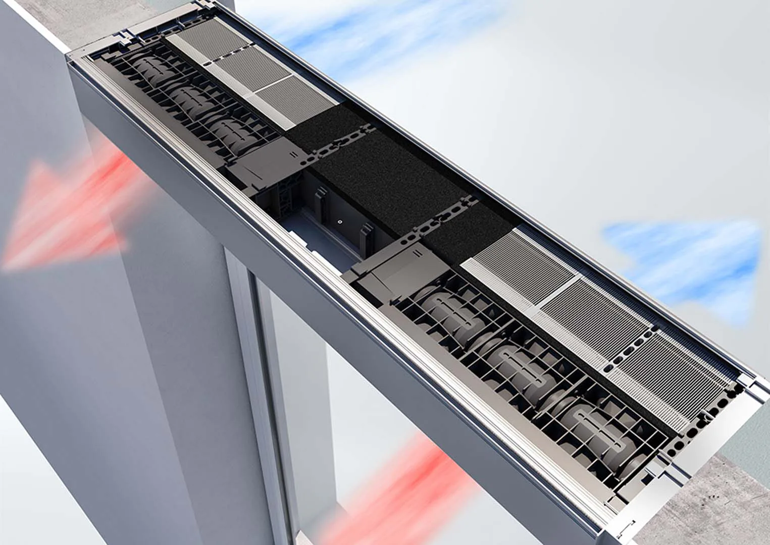 Das dezentrale Lüftungssystem VentoTherm Twist von Schüco in Kooperation mit Renson überzeugt durch einen hohen Wirkungsgrad der Wärmerückgewinnung von bis zu 80 Prozent.