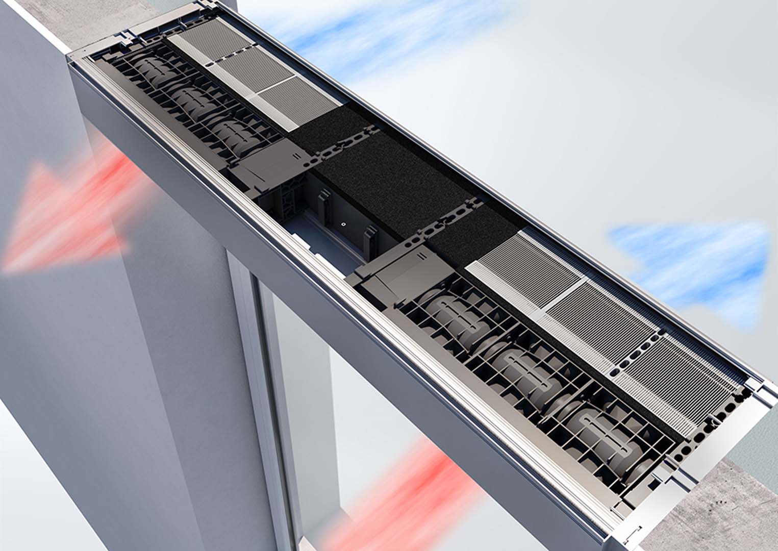 Das dezentrale Lüftungssystem VentoTherm Twist von Schüco in Kooperation mit Renson überzeugt durch einen hohen Wirkungsgrad der Wärmerückgewinnung von bis zu 80 Prozent.