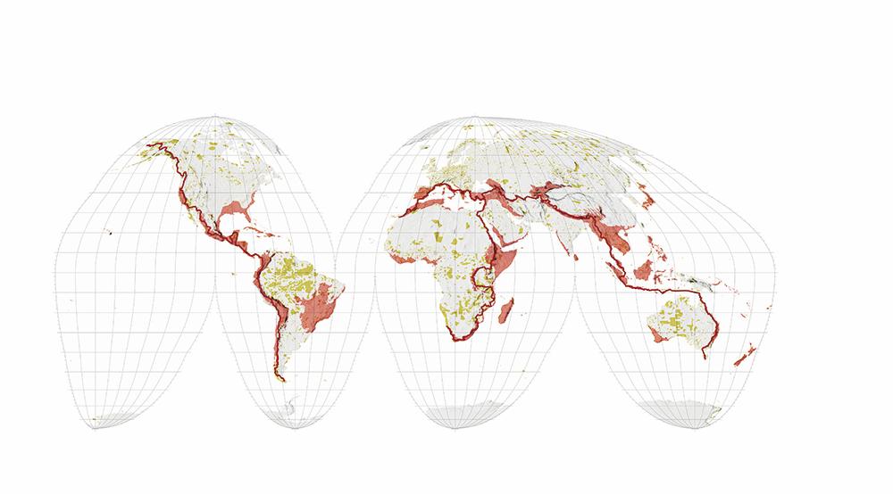 Der World Park als globales Netzwerk von Schutzgebieten: Weltweite Schutzgebiete (grün), bedrohte Ökoregionen (rosa), geplante Wegeverbindungen (rot)