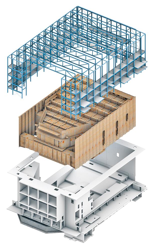 Die Konstruktion des Neubaus ist klar dreigeteilt: Der eigentliche Konzertsaal aus Holz ist in einen Schutzbau aus Beton eingepasst; die äußere Hülle bildet ein Stahlgerüst.
