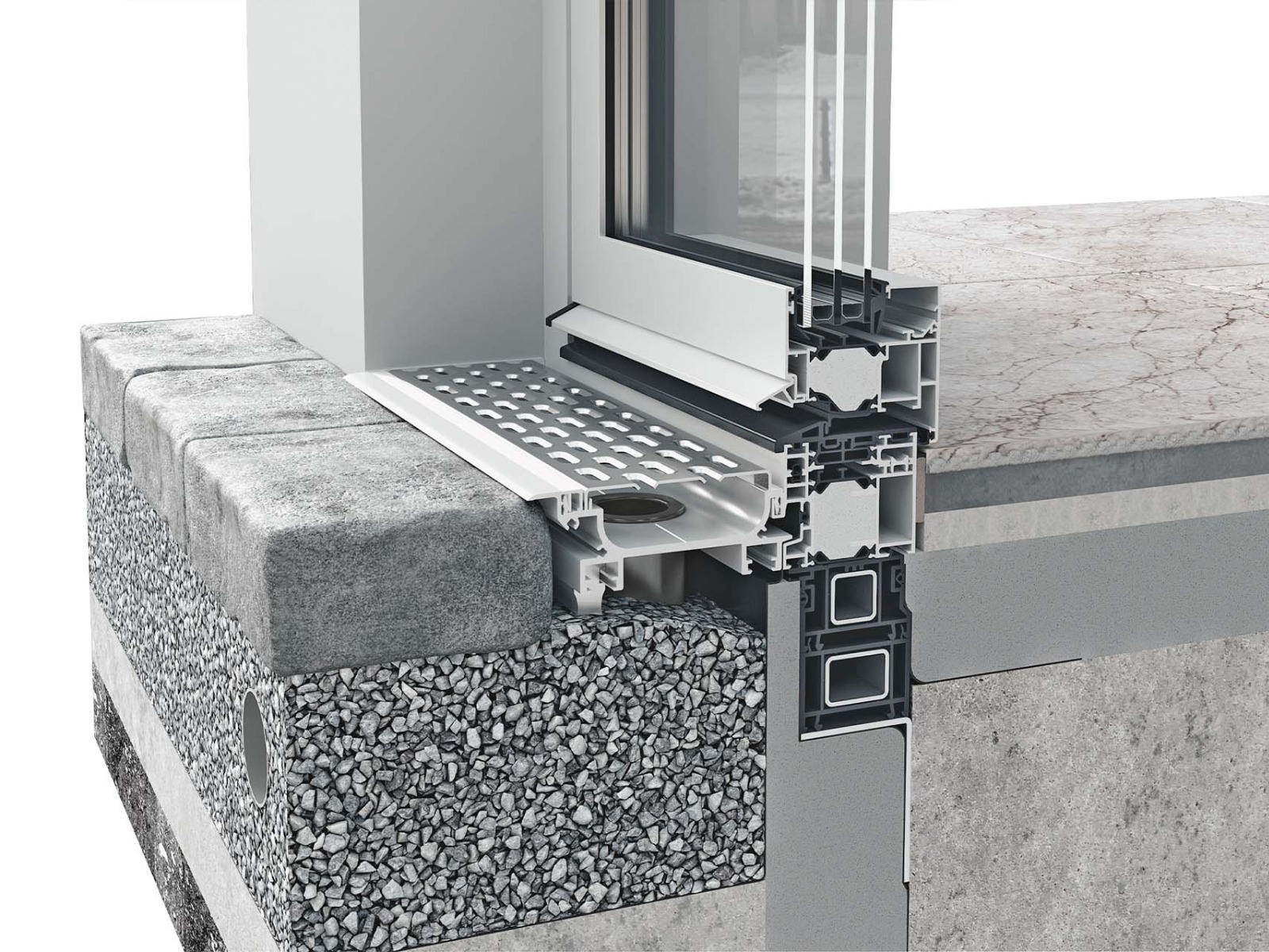 Mit dem Fenstersystem heroal W 77 können bodentiefe Fenstertüren realisiert werden. Kombiniert mit dem Drainagesystem heroal DS wird anfallendes Oberflächenwasser zuverlässig abgeführt.