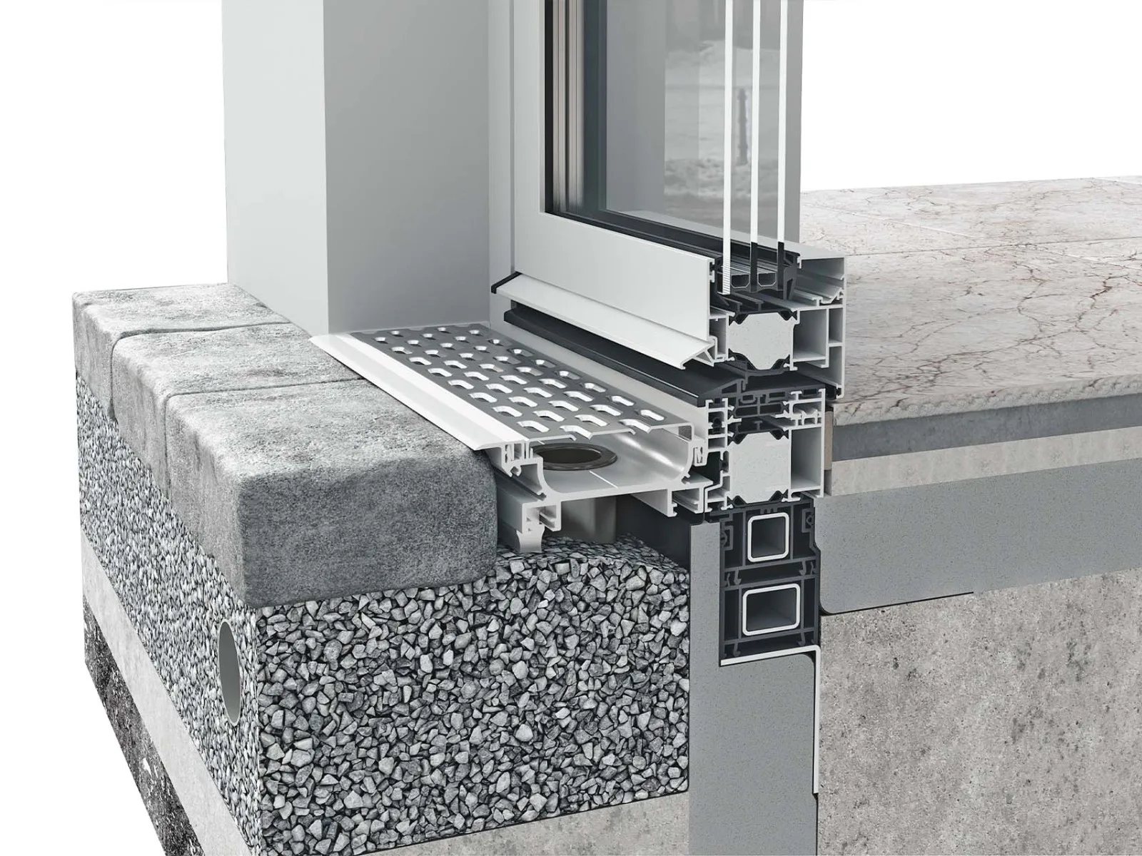 Mit dem Fenstersystem heroal W 77 können bodentiefe Fenstertüren realisiert werden. Kombiniert mit dem Drainagesystem heroal DS wird anfallendes Oberflächenwasser zuverlässig abgeführt.