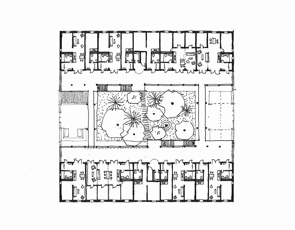 Die erste Skizze für einen Mietwohnungsbau im Münchner Kreativquartier zeigt flächenoptimierte Wohnungsgrundrisse und großzügige Gemeinschaftsbereiche.