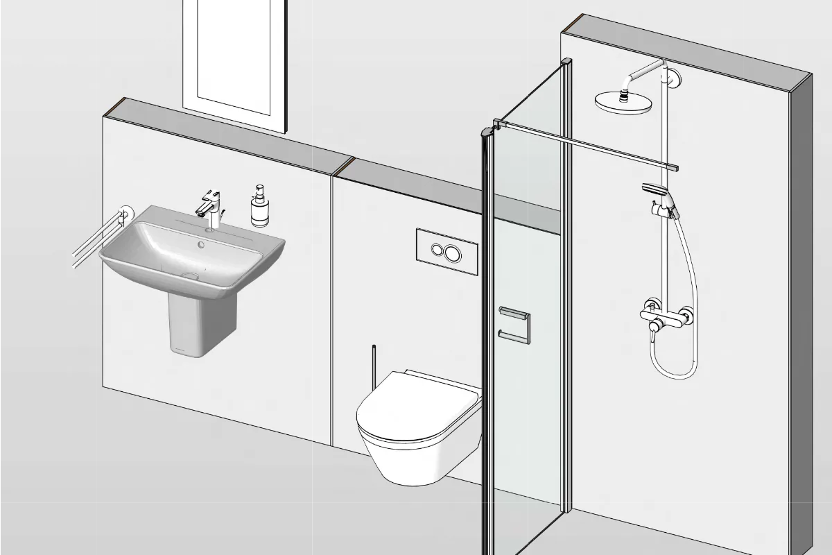 3D Planungsansicht eines Badia Moduls zur Planung der Sanitäreinrichtung. Die Elektro- und TGA-Planung sowie die Kostenkalkulation laufen automatisch im Hintergrund