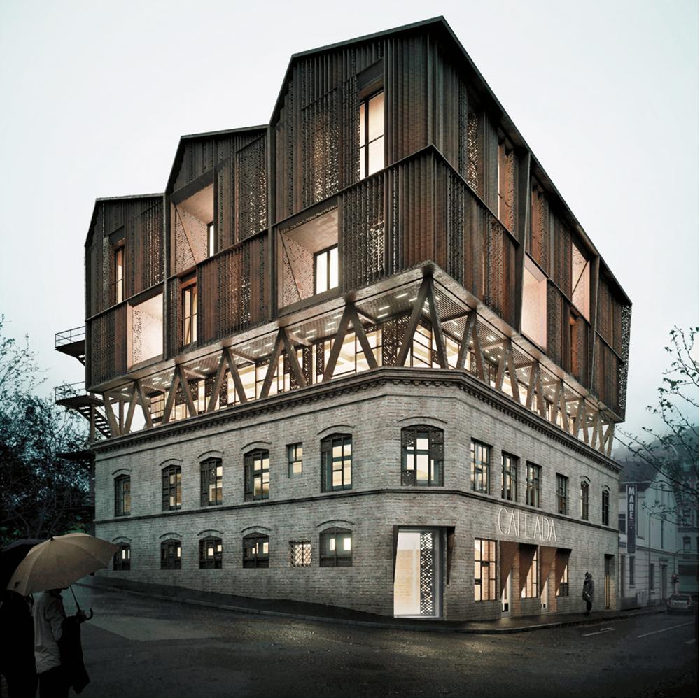 Das Team RoofKIT hat eine Aufstockung des Café Ada in Wuppertal entworfen. Vor Ort gezeigt wurde eine Wohneinheit aus drei Holz-Raummodulen.