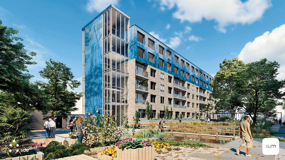 Das Team der TU Delft hat sich die Aufstockung eines Wohnblocks in Den Haag vorgenommen – mit bedruckter Photovoltaikfassade, die eine historische Stadtansicht zeigt.