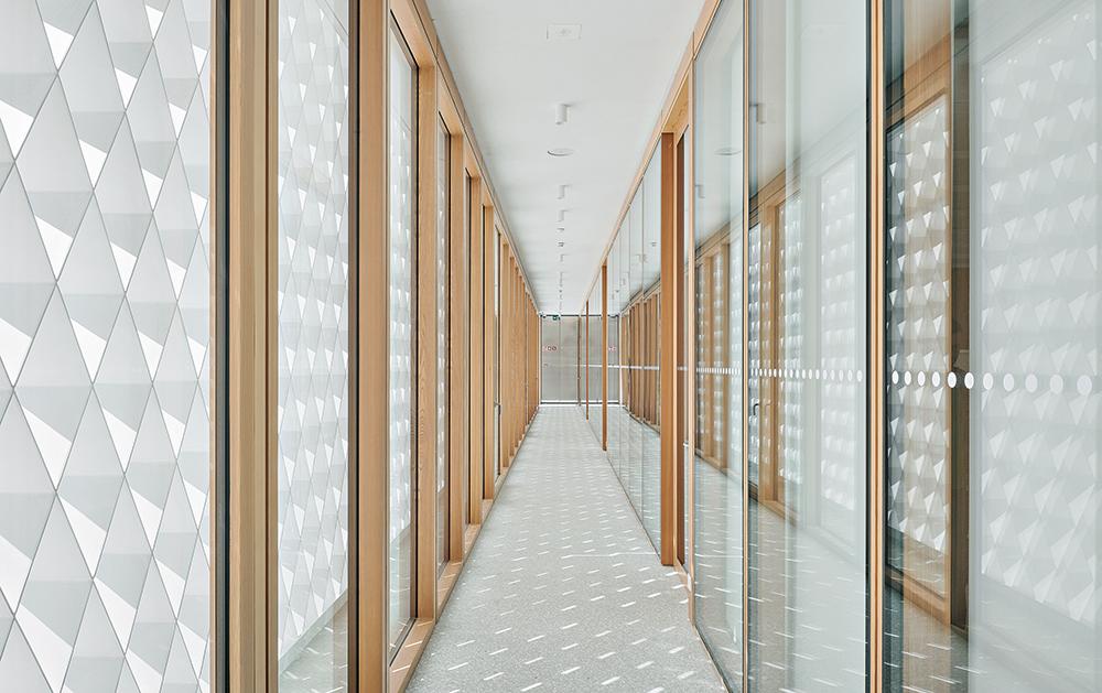 Der vorgehängte Schleier aus Stahlrauten filtert das Licht, erhöht die Privatsphäre und fasst die unterschiedlichen Nutzungen optisch zu einer architektonischen Einheit zusammen.