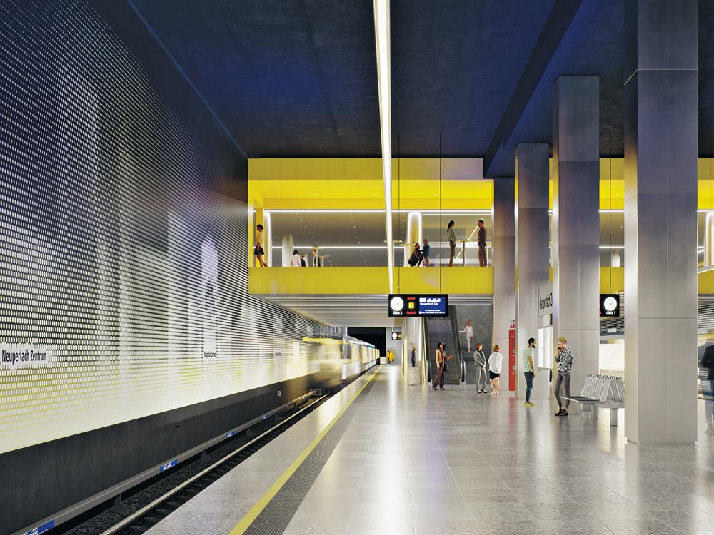 Beim Zwischengeschoss der Münchner U-Bahn-Haltestelle Marienplatz (2015) und der zukünftigen Linie U5 (2023) bevorzugten Ingo Maurer und AllmannWappner knallige Farbeffekte.