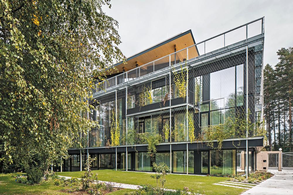 An der Westseite des Gebäudes wird das vorgelagerte Rankgerüst als Balkon genutzt. Die begrünte Fassade dient als Blendschutz und zur Beschattung der großzügigen Glasflächen.
