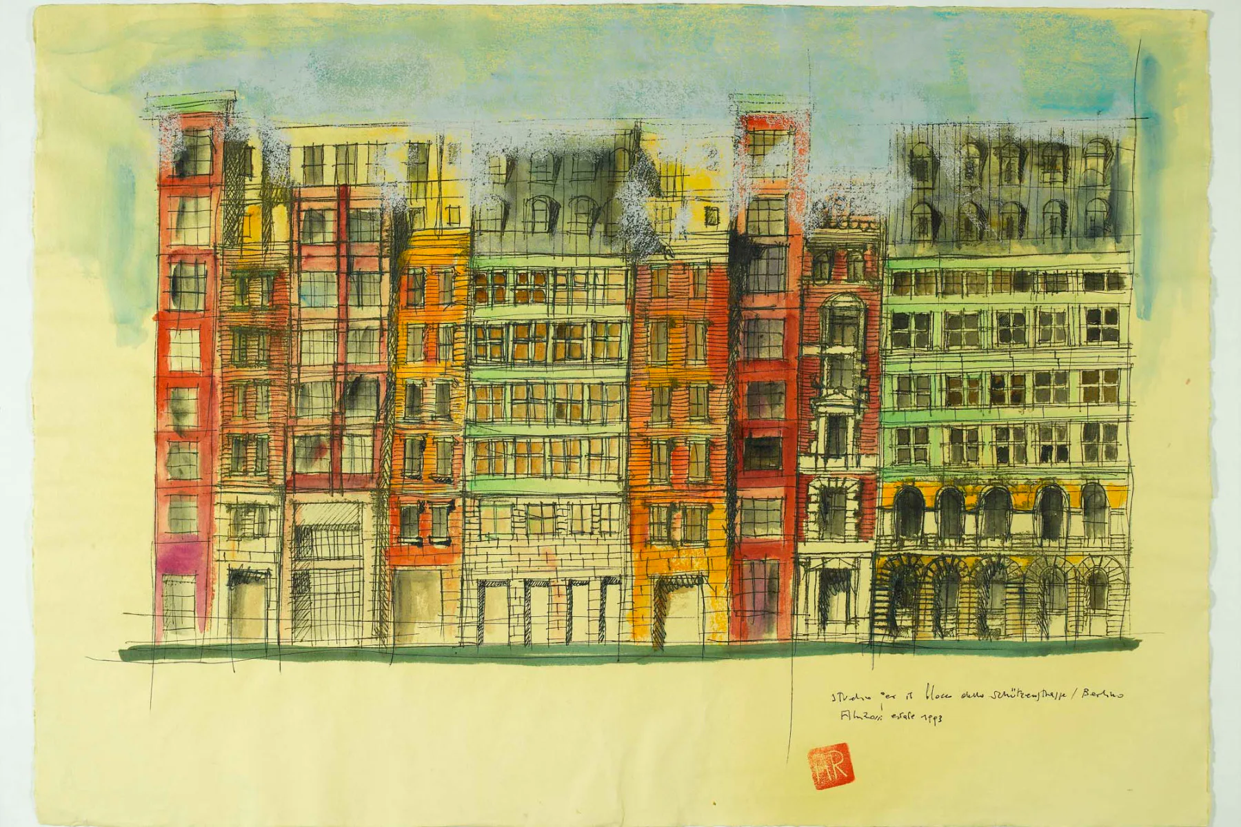 Studie für den Block in der Schützenstraße/Berlin, 1993, Aquarell und Tinte auf Papier, 49,6 x 70,5 cm, Privatsammlung.